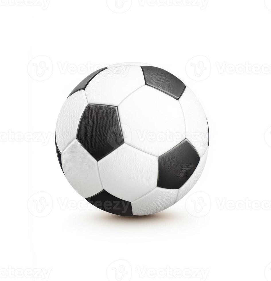 Soccer ball resting on a surface, showcasing its classic black and white pattern photo