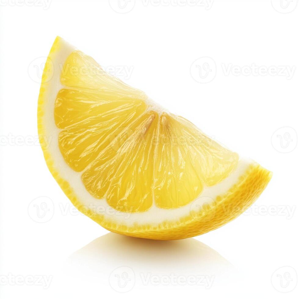 Bright yellow lemon wedge with vibrant texture and freshness displayed on a clean white background photo