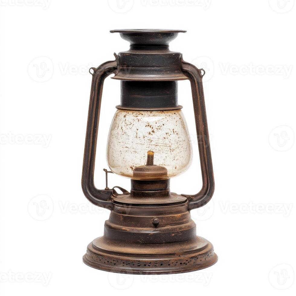 Antique oil lantern sitting on a table with a rustic backdrop inviting nostalgia and warmth on a quiet evening photo