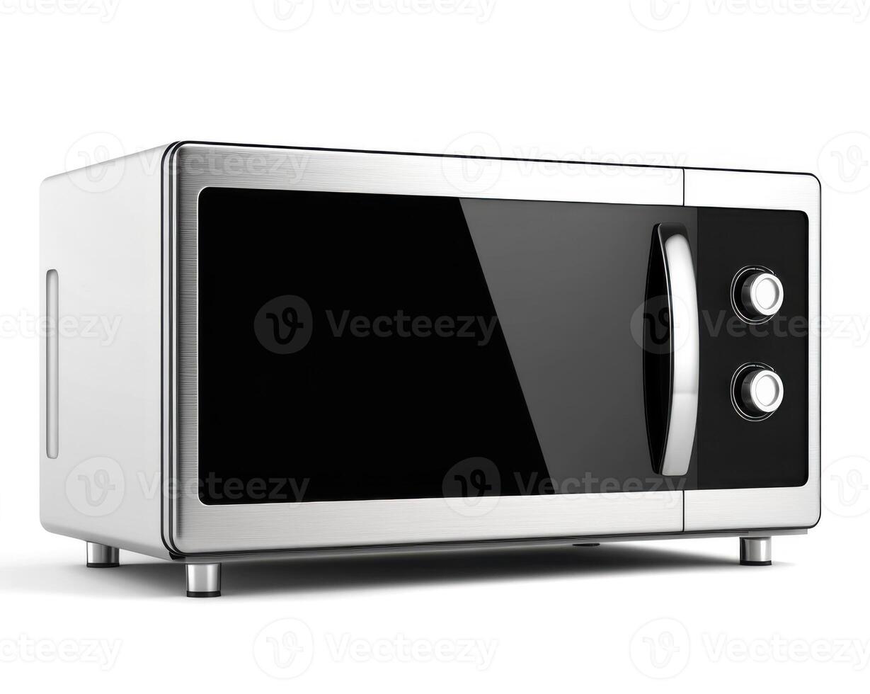 Modern stainless steel microwave oven placed on a kitchen counter with sleek design and user-friendly knobs photo