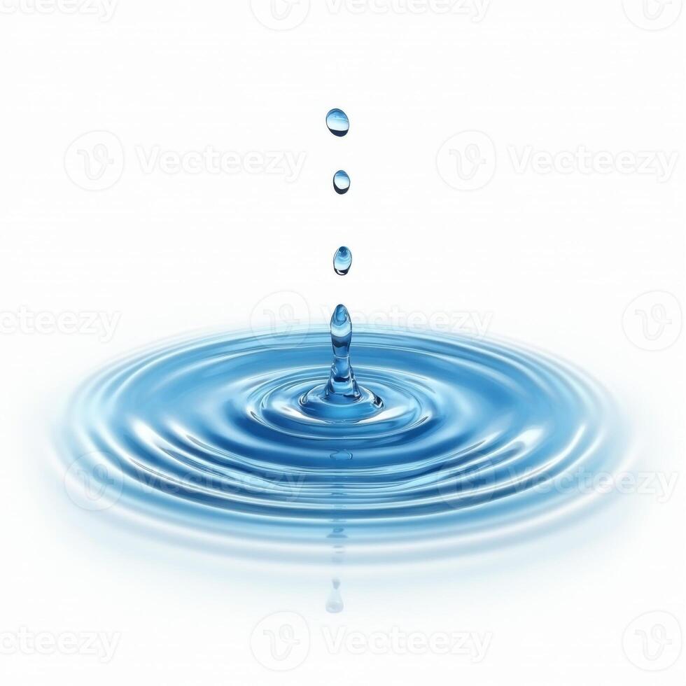 Water droplets create ripples in a calm blue surface, showcasing fluid dynamics and tranquility photo