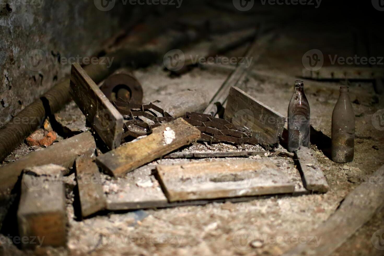 Broken vintage beer crate in the basement of an abandoned brewery in Germany photo