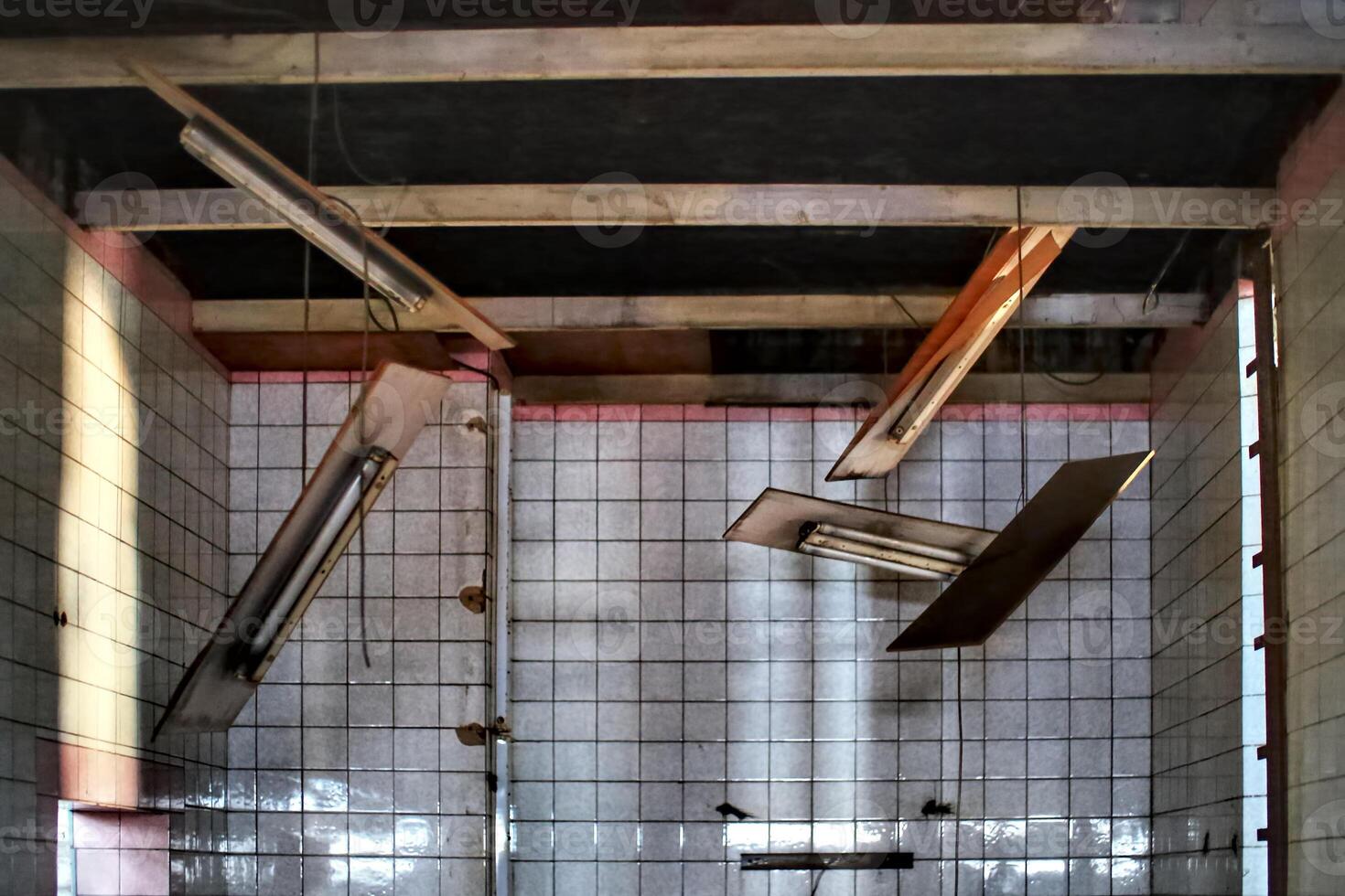 Neon tubes hanging bizarrely in a tiled room photo