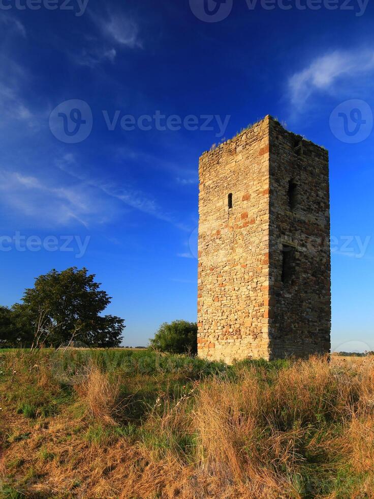 Medieval German watchtower called Blaue Warte near Wanzleben in evening light photo