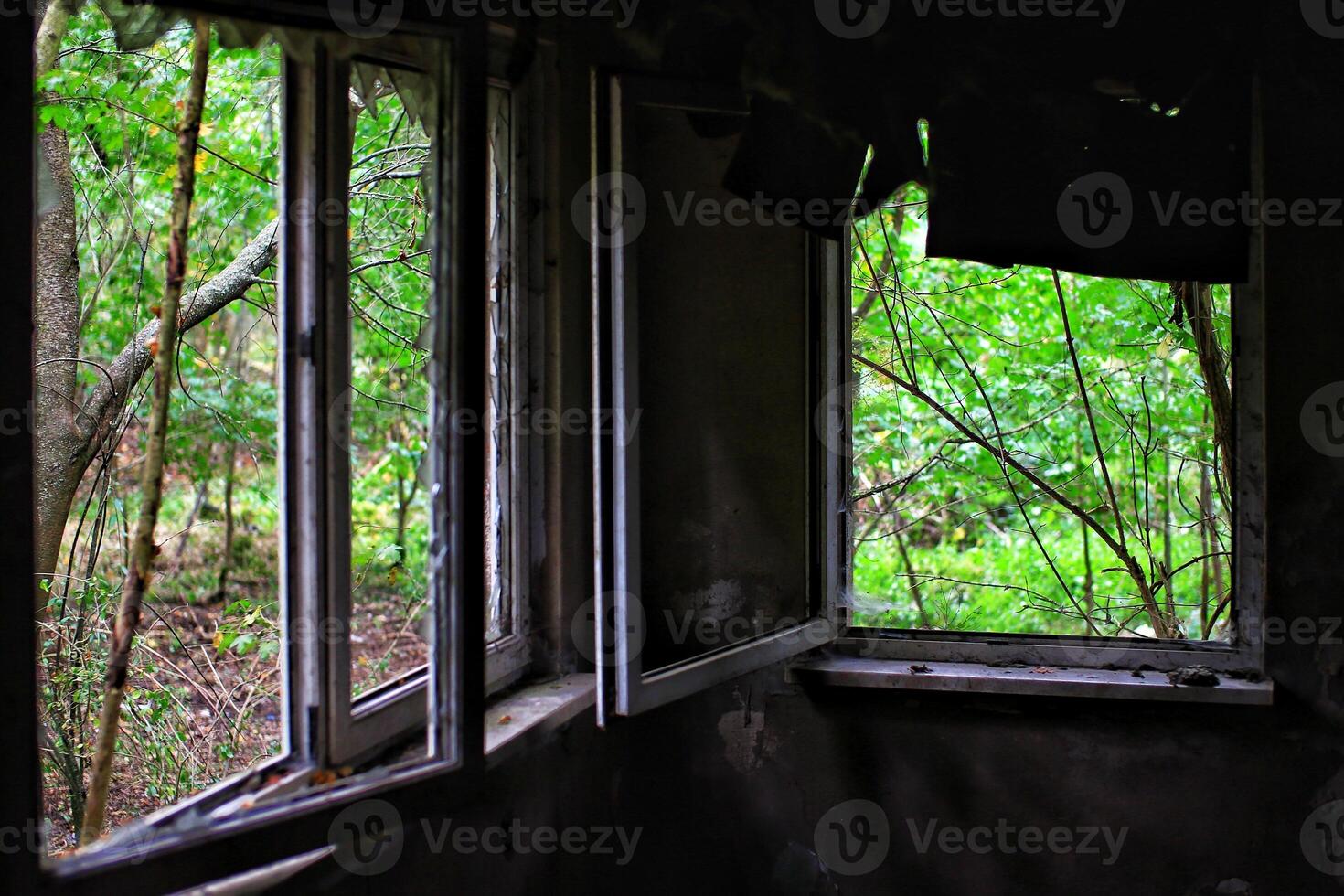 Broken windows and ceiling panels in an abandoned building photo