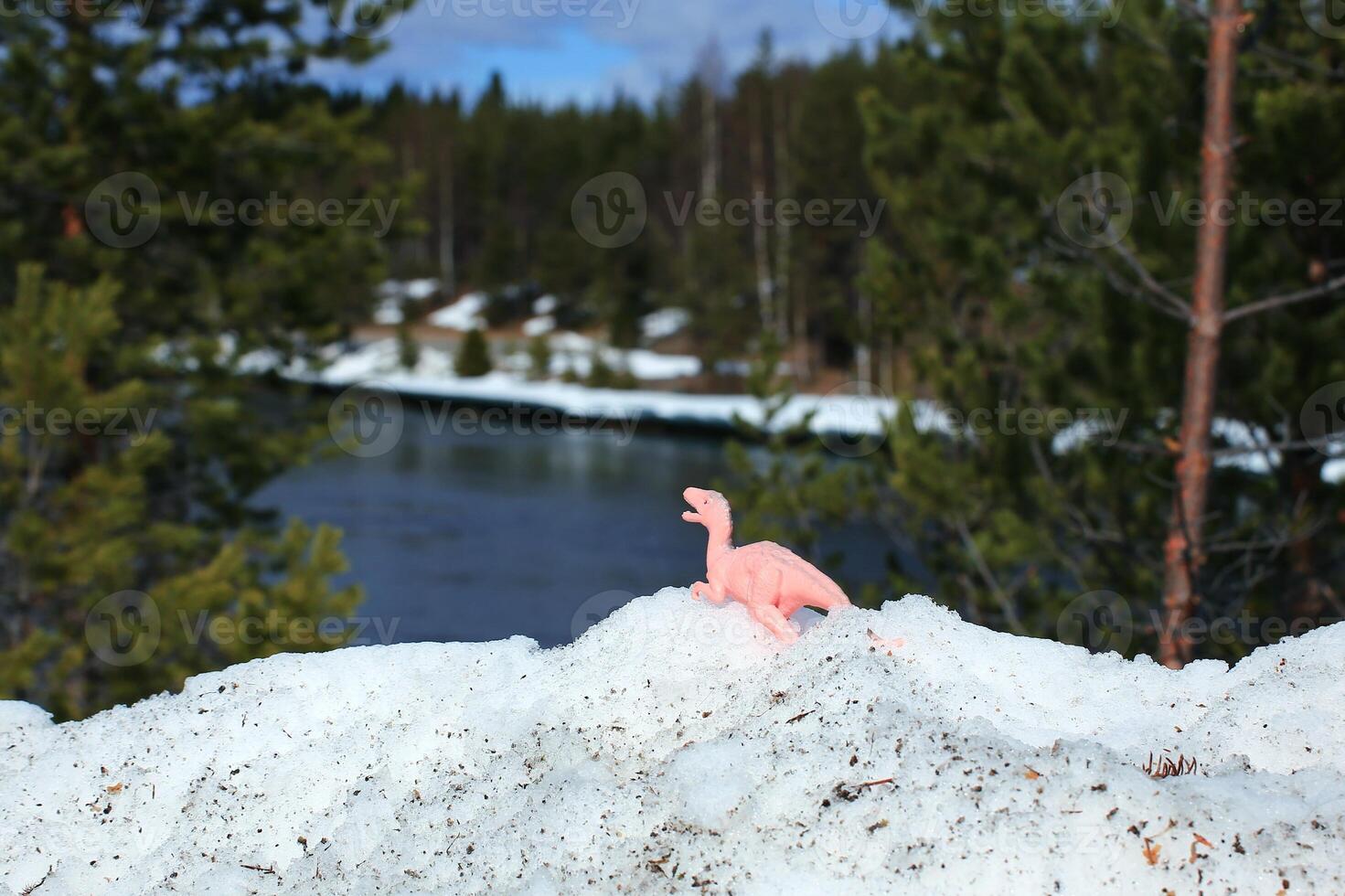 Toy dinosaur standing in the melting snow at riverside in northern Sweden photo
