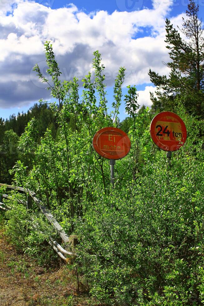 Two old Swedish traffic signs Ej mote - no passing, 24 tons weight restriction in a rural forested landscape photo
