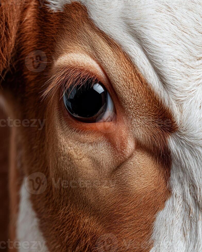 Close up of a cows eye and fur photo