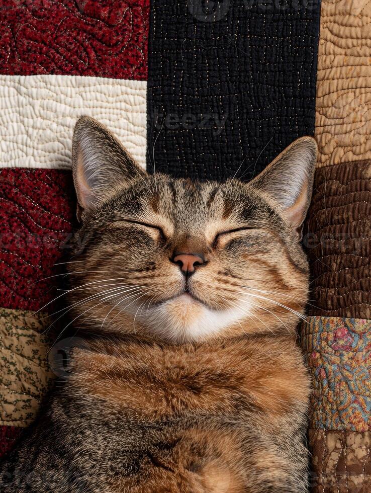 Cute tabby cat sleeping peacefully on a colorful quilt photo