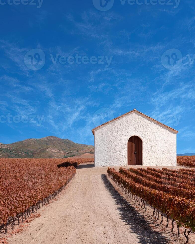 Rural landscape with whitewashed building and vineyard in autumn photo