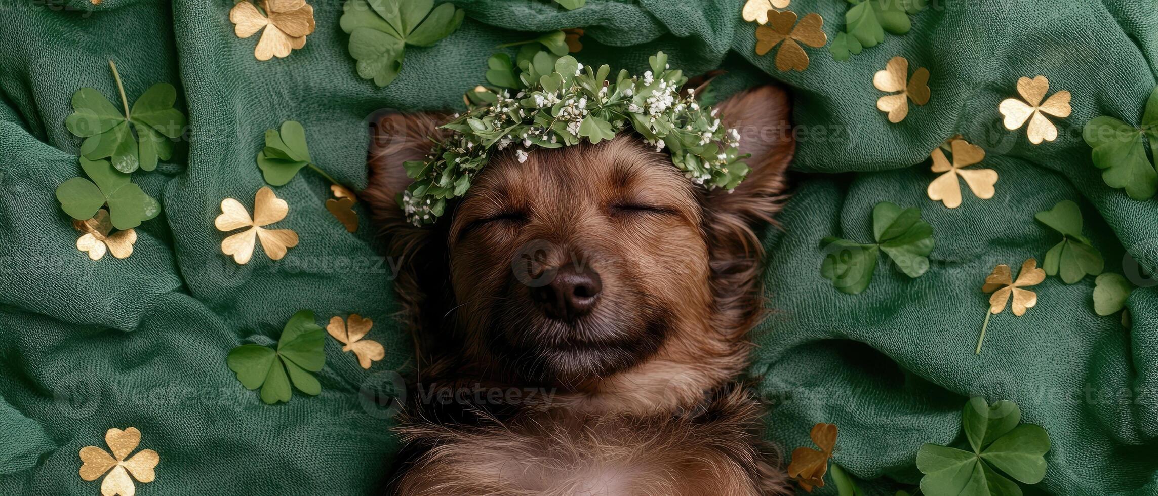 Adorable puppy sleeping on green shamrock fabric photo