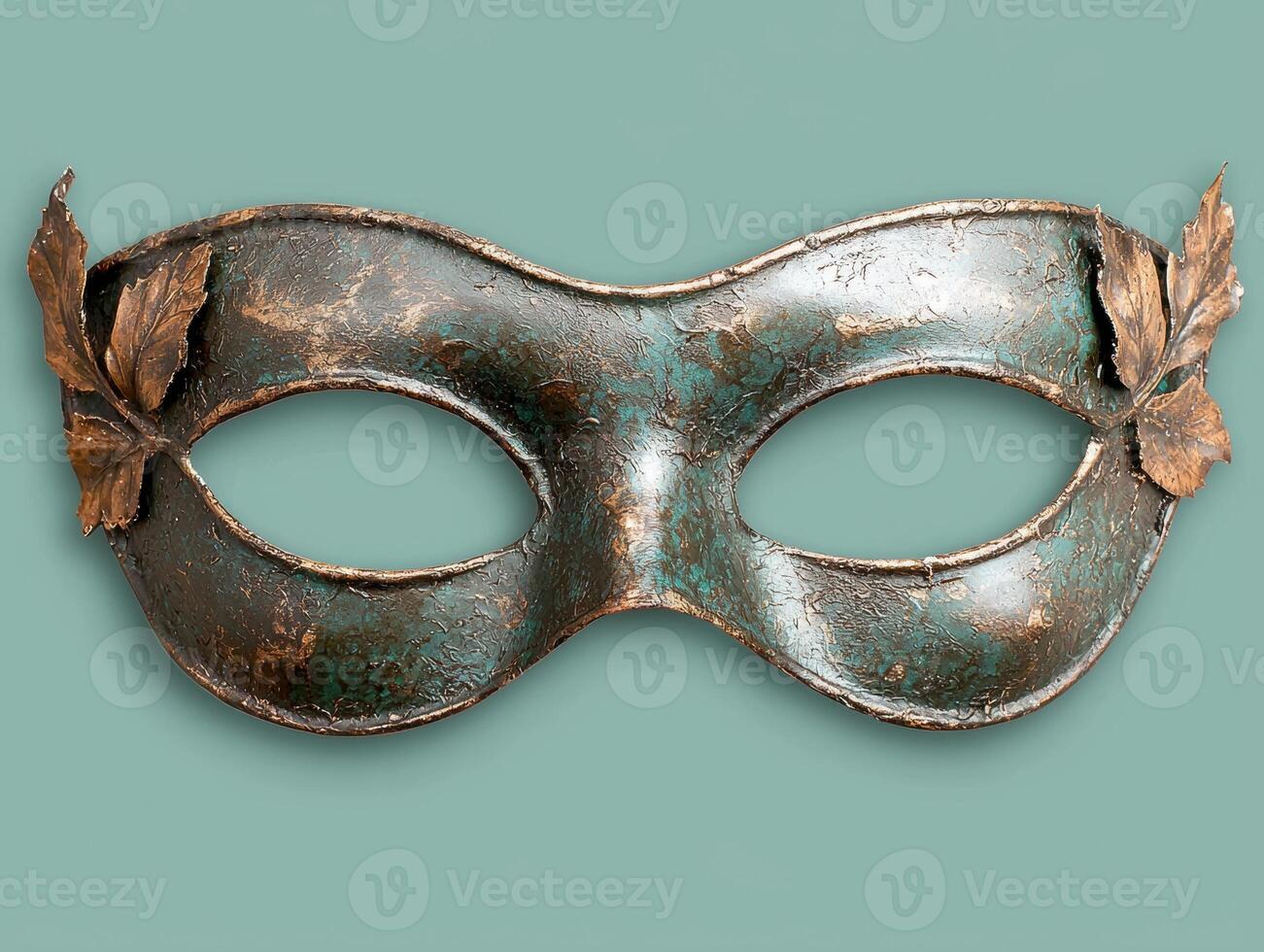 Elegant green and bronze masquerade mask with leaf details photo