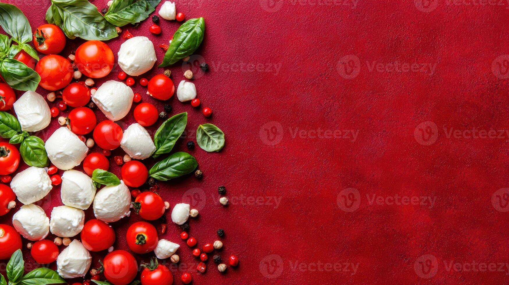 Fresh mozzarella and cherry tomatoes with basil leaves on red background photo