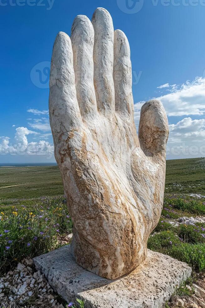 Giant stone hand sculpture against a bright blue sky photo