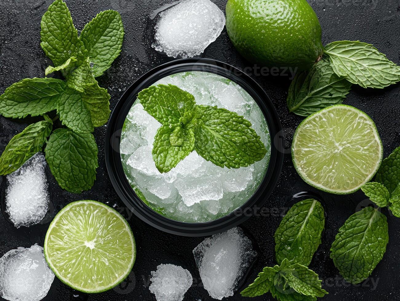 Fresh lime, mint, and ice cubes on black background mojito ingredients photo