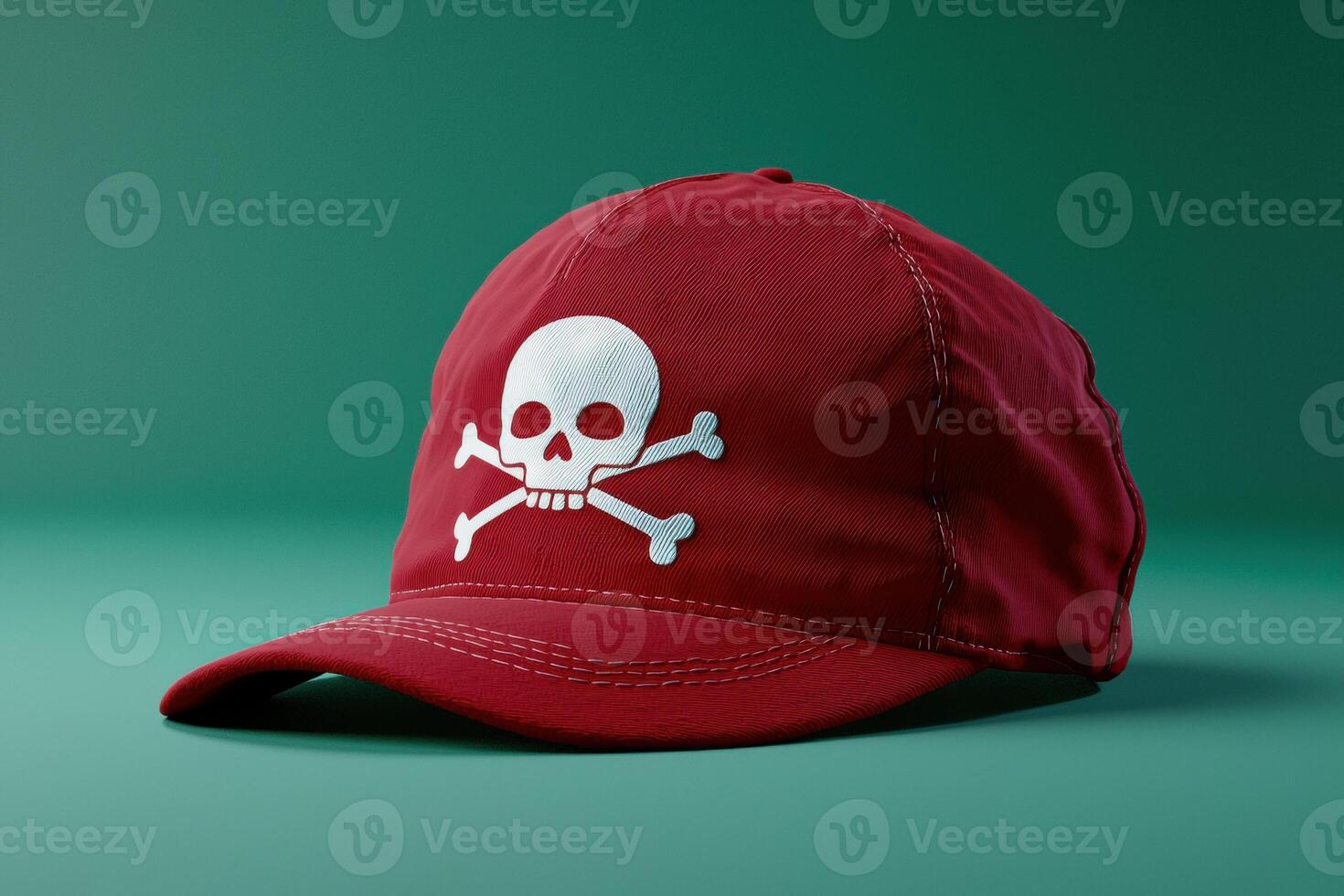 Red baseball cap with skull and crossbones design photo