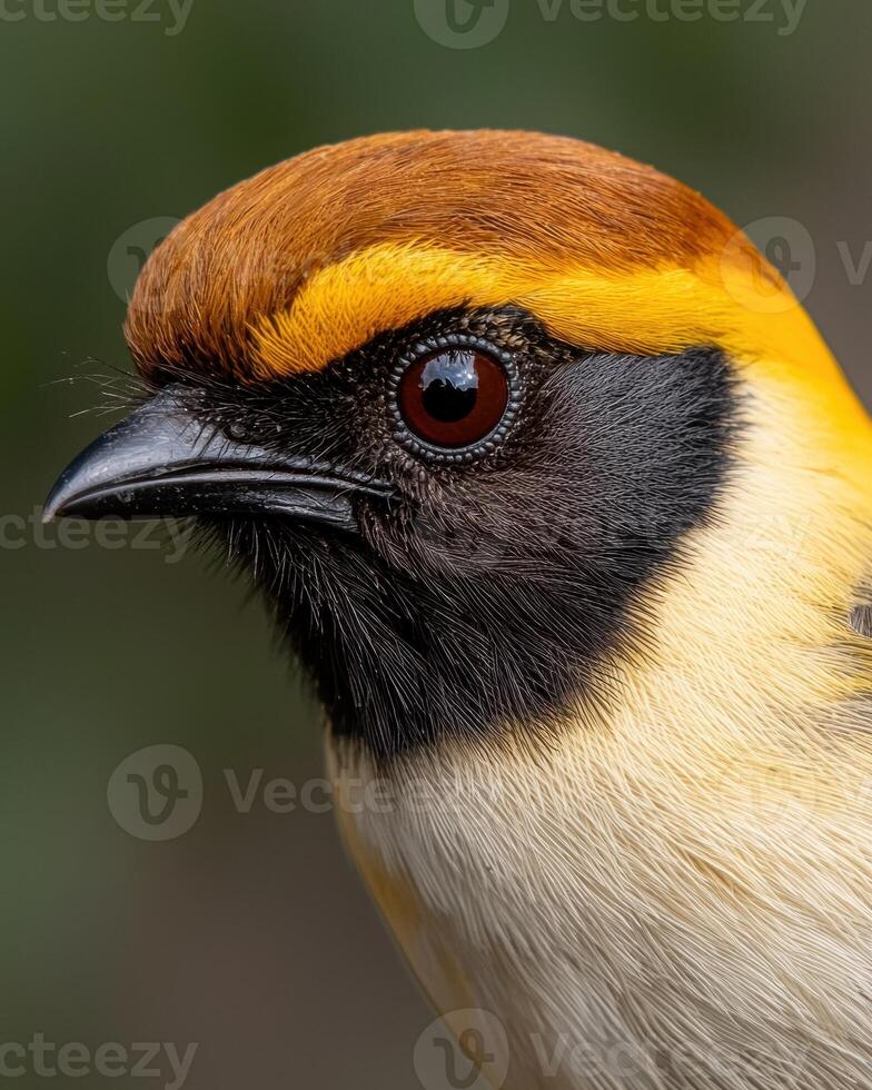 Close up of a colorful bird with vibrant yellow and brown feathers photo