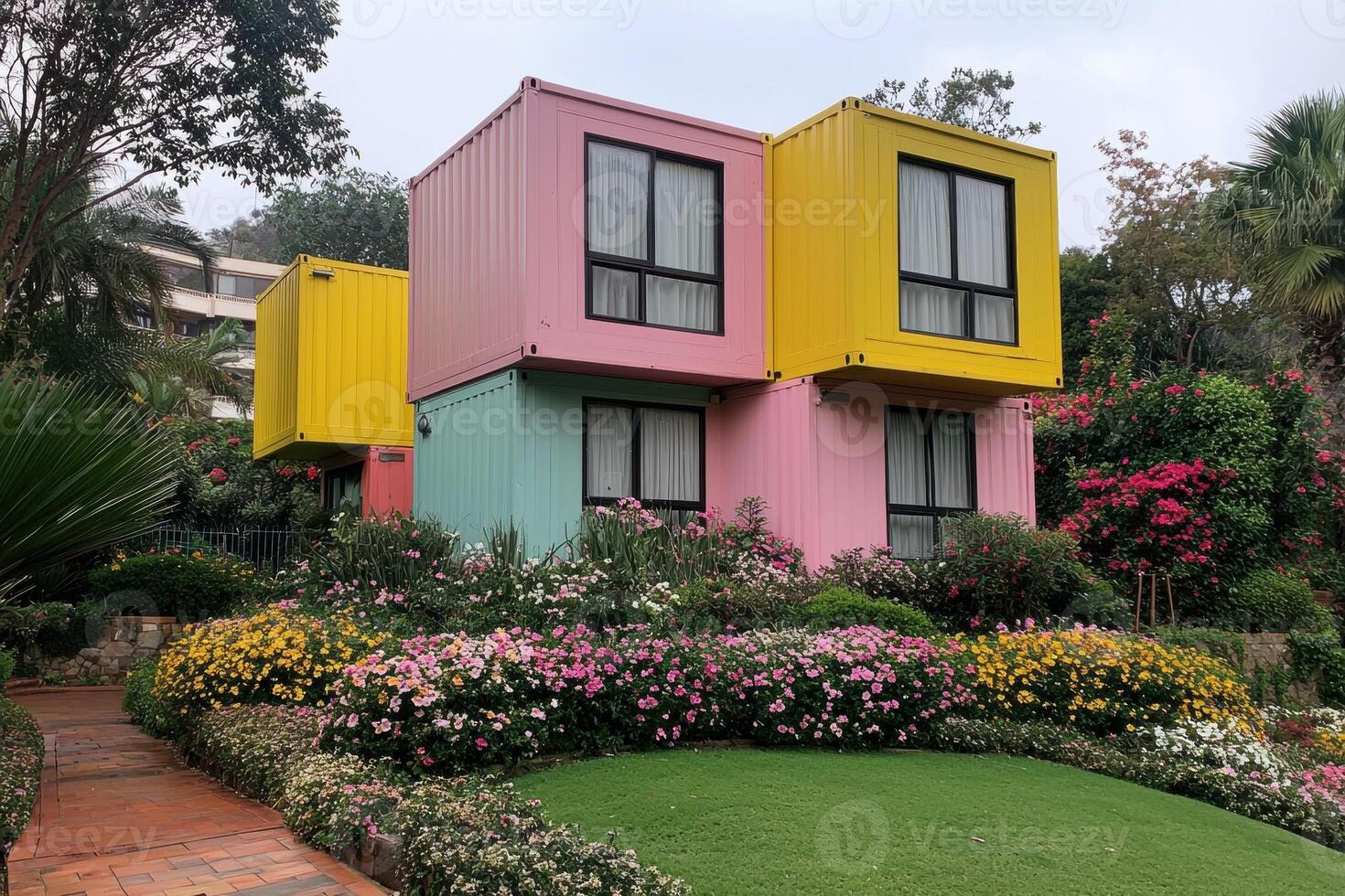 Colorful container homes in a lush garden setting photo