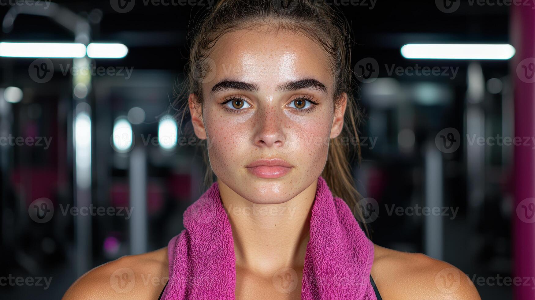Portrait of a young woman with freckles at the gym after a workout photo