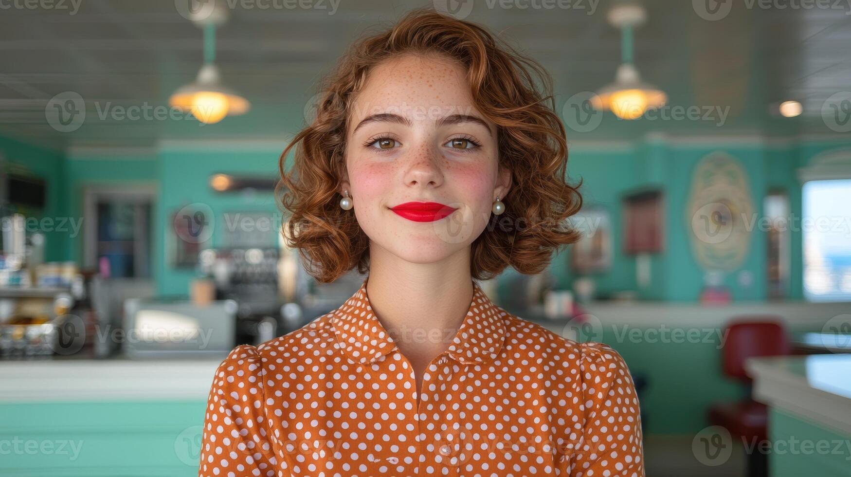 Portrait of a young woman with red hair and freckles in a retro diner photo