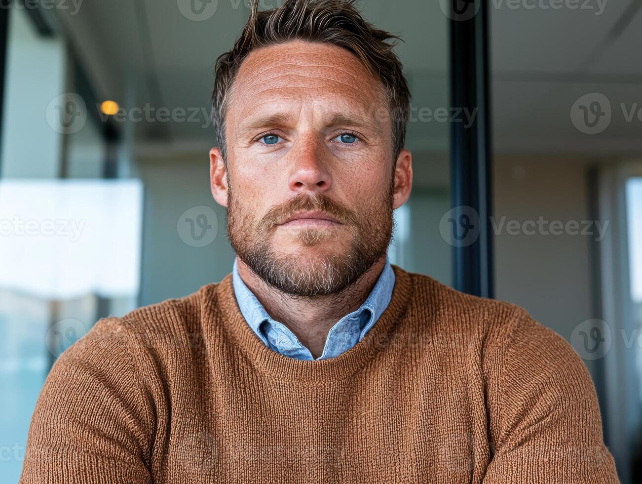 Portrait of a man with blue eyes and a beard wearing a brown sweater photo