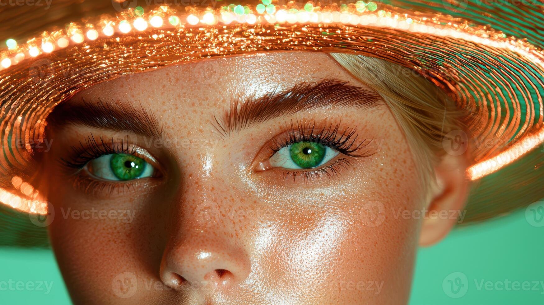 Close up of a womans face with freckles and green eyes, wearing a glowing hat photo