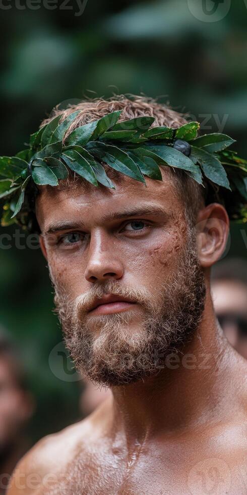 Portrait of a muscular man wearing a laurel wreath photo