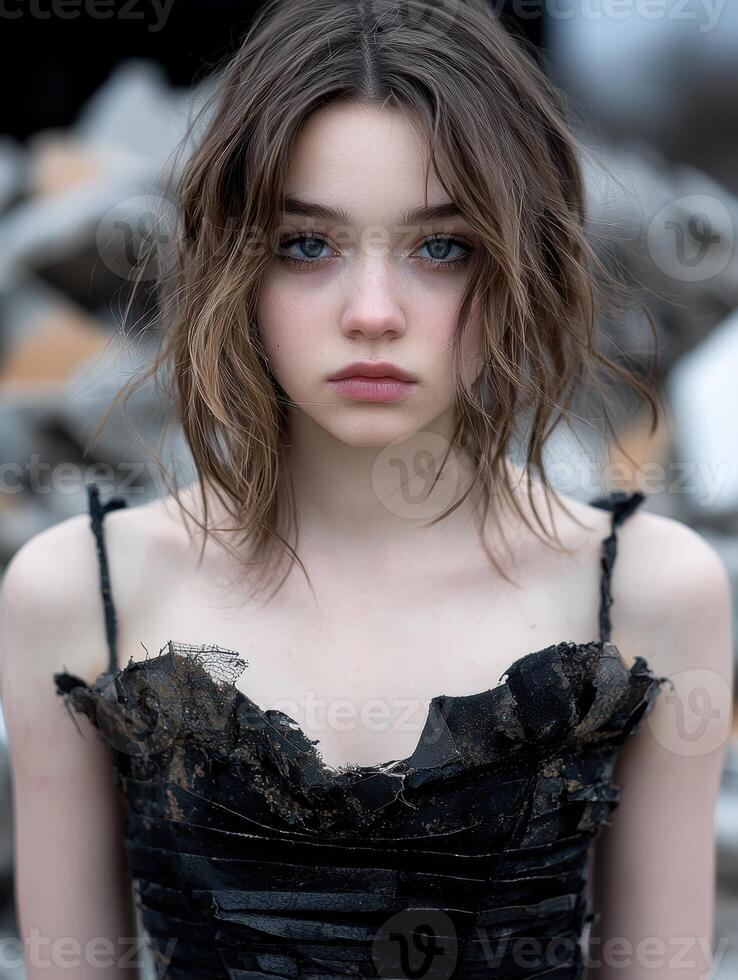Portrait of a young woman with freckles wearing a tattered black dress photo