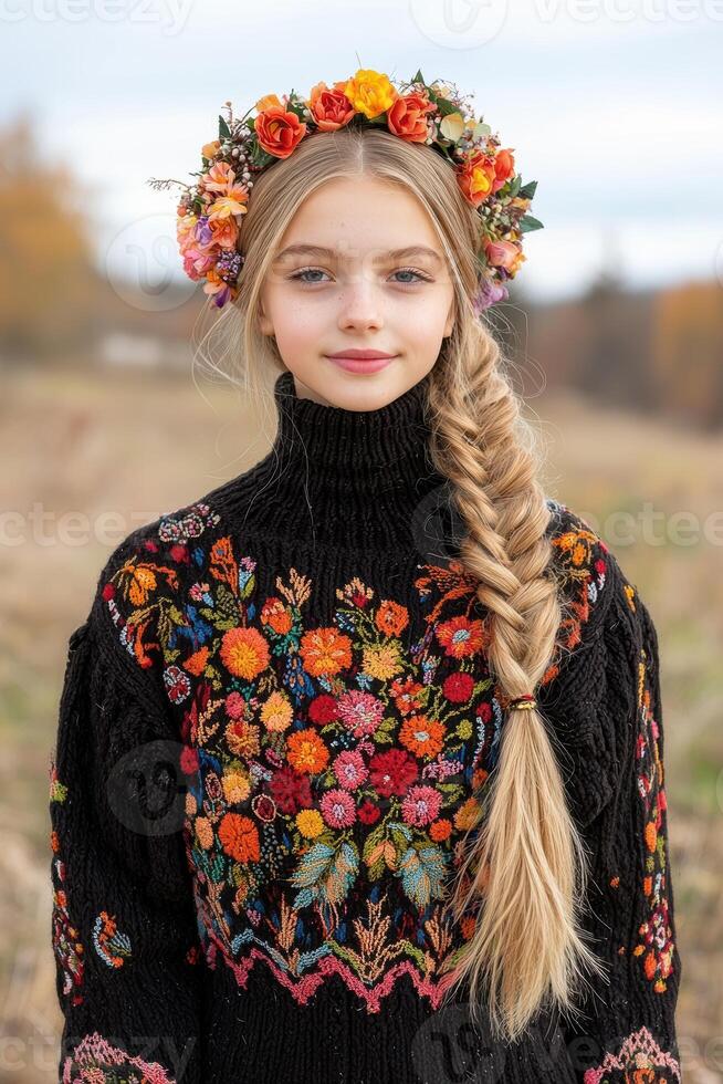 young woman with flower crown in autumn field photo