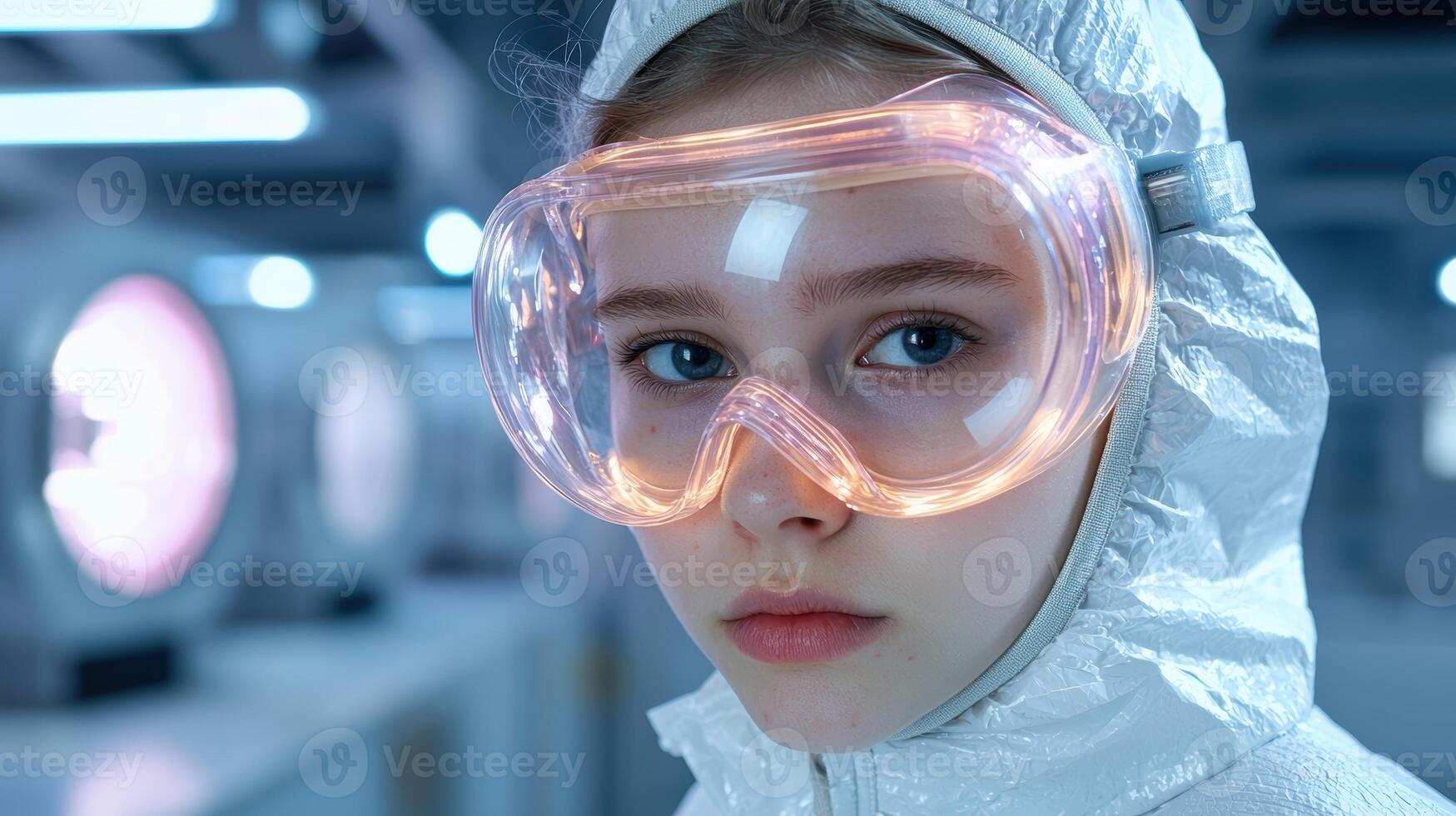 Close up portrait of a young female scientist wearing safety goggles and a protective suit in a futuristic laboratory photo
