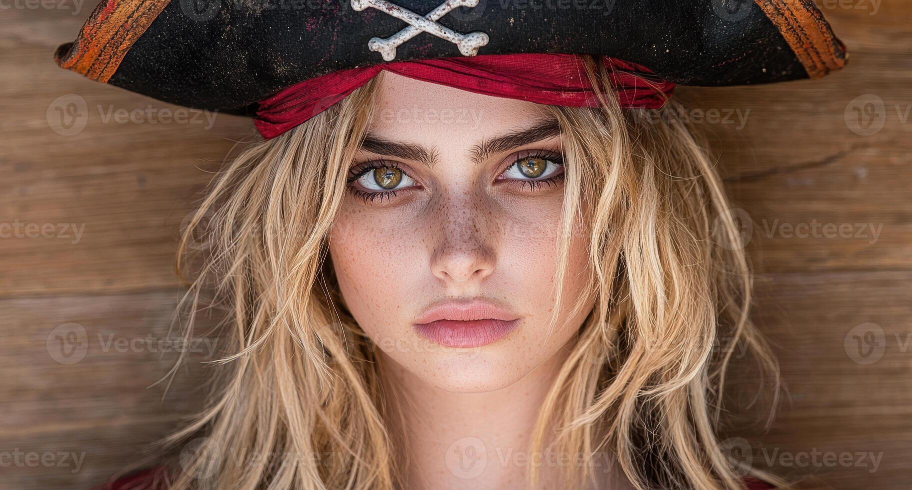 Beautiful pirate woman with blonde hair and freckles photo