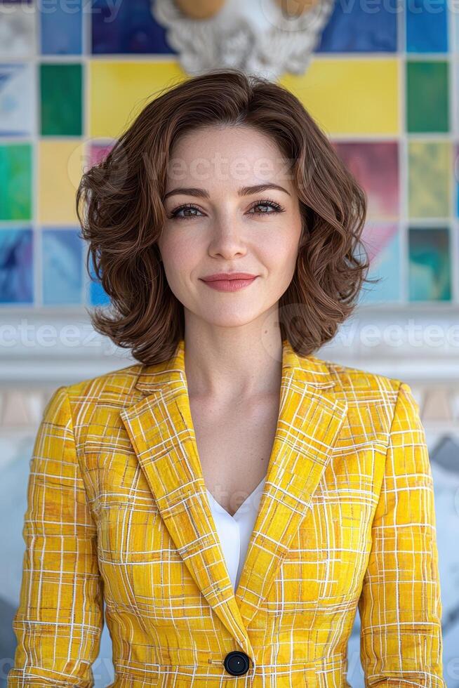 Portrait of a woman in a yellow checkered blazer photo