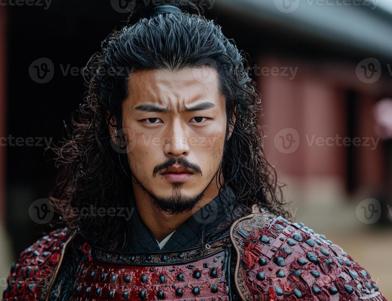 Portrait of a stern warrior in traditional armor photo