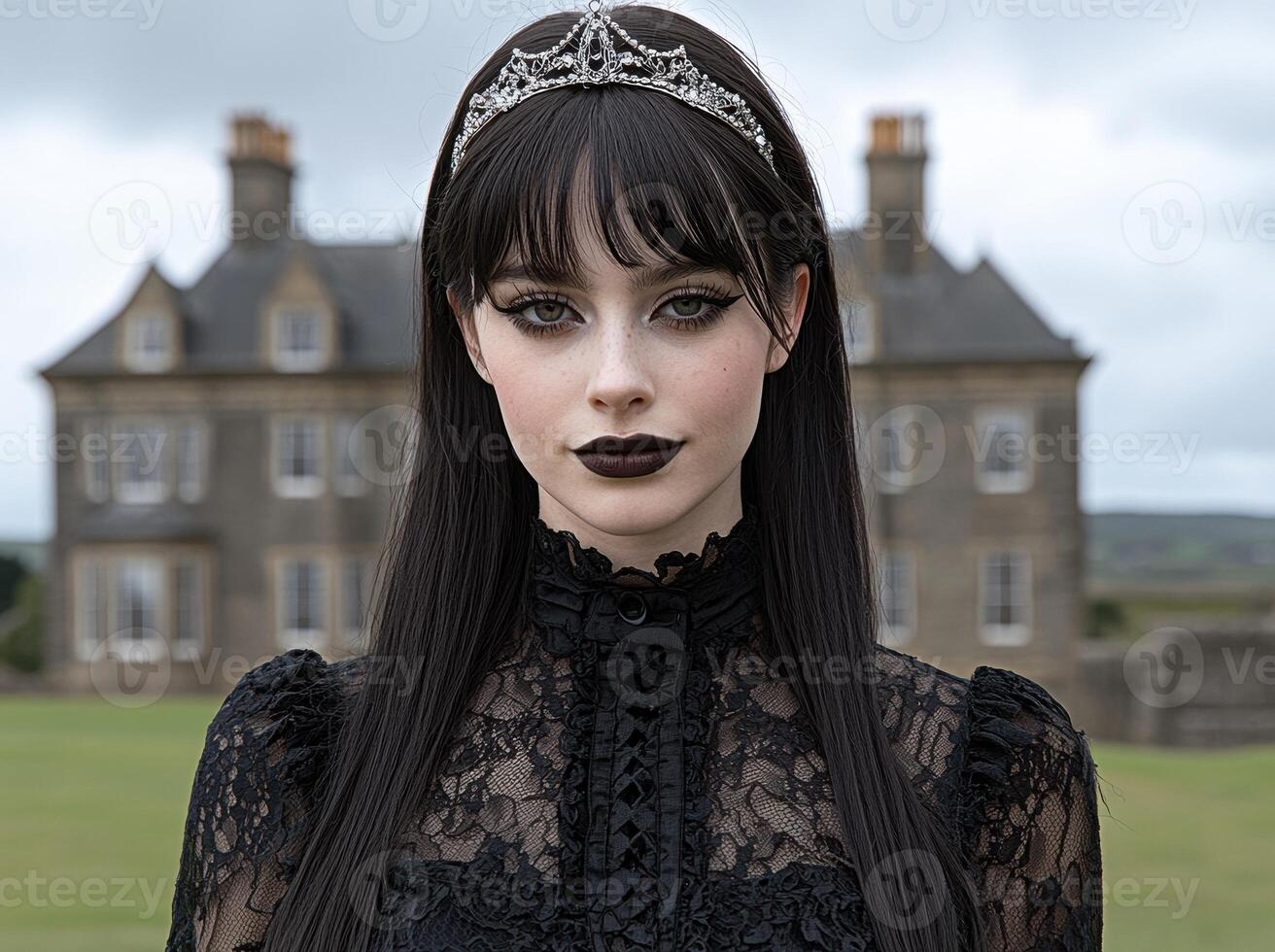 Gothic princess in a dark lace dress and crown in front of a castle photo