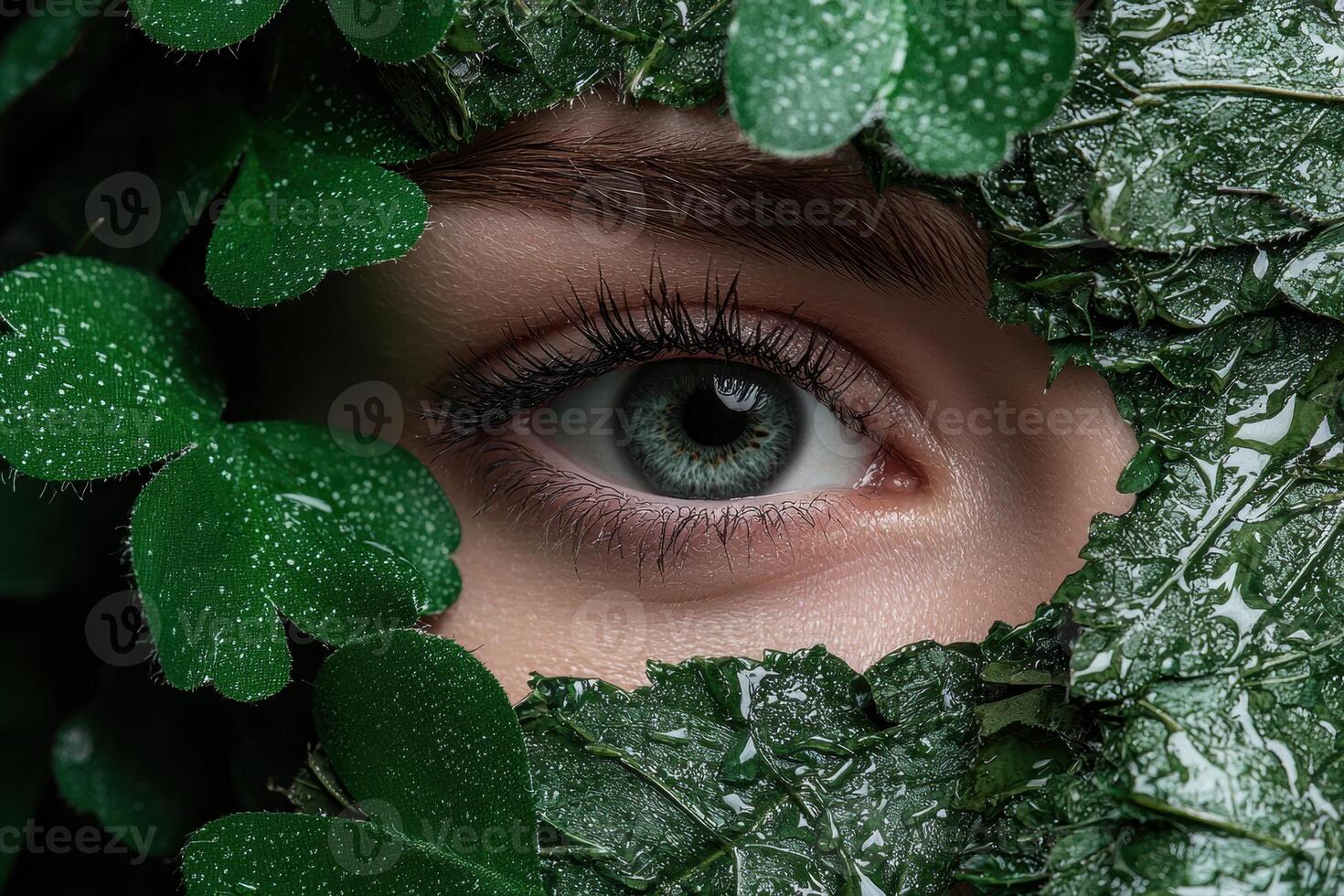 Closeup of a womans eye peeking through lush green leaves, nature beauty concept photo