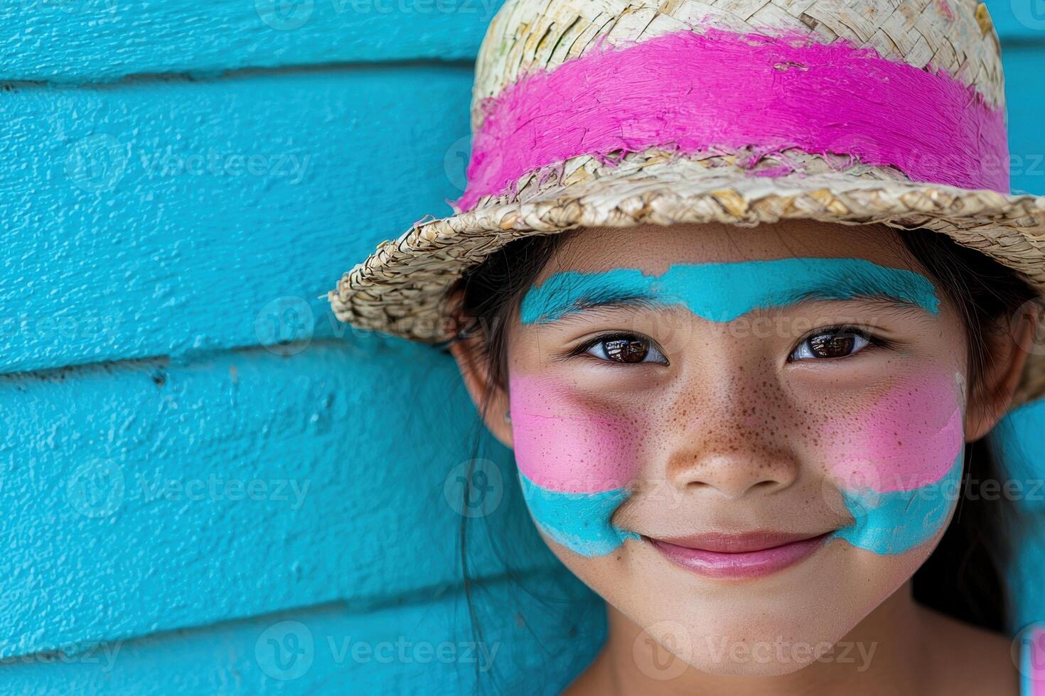 Happy girl with painted face and straw hat photo