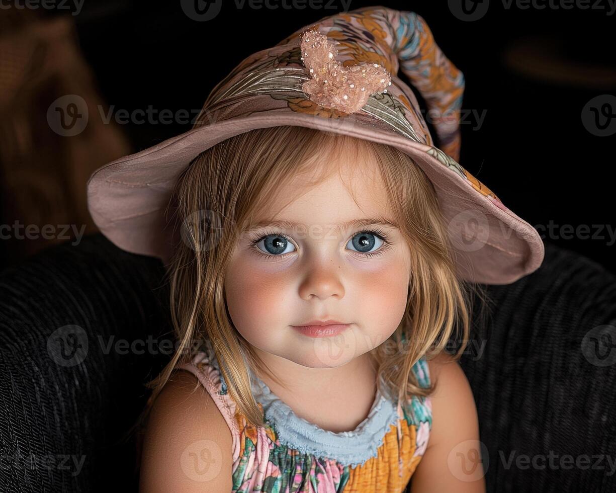 Adorable toddler girl in a floral witch hat photo