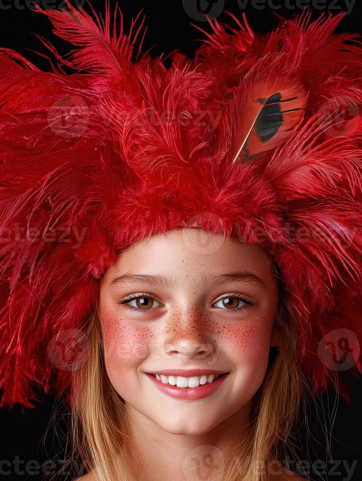 Portrait of a girl wearing a red feather headdress photo