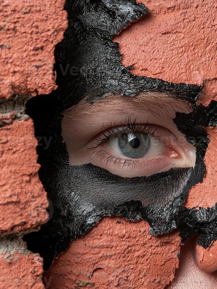 Close up of a persons eye with a cracked black face mask photo