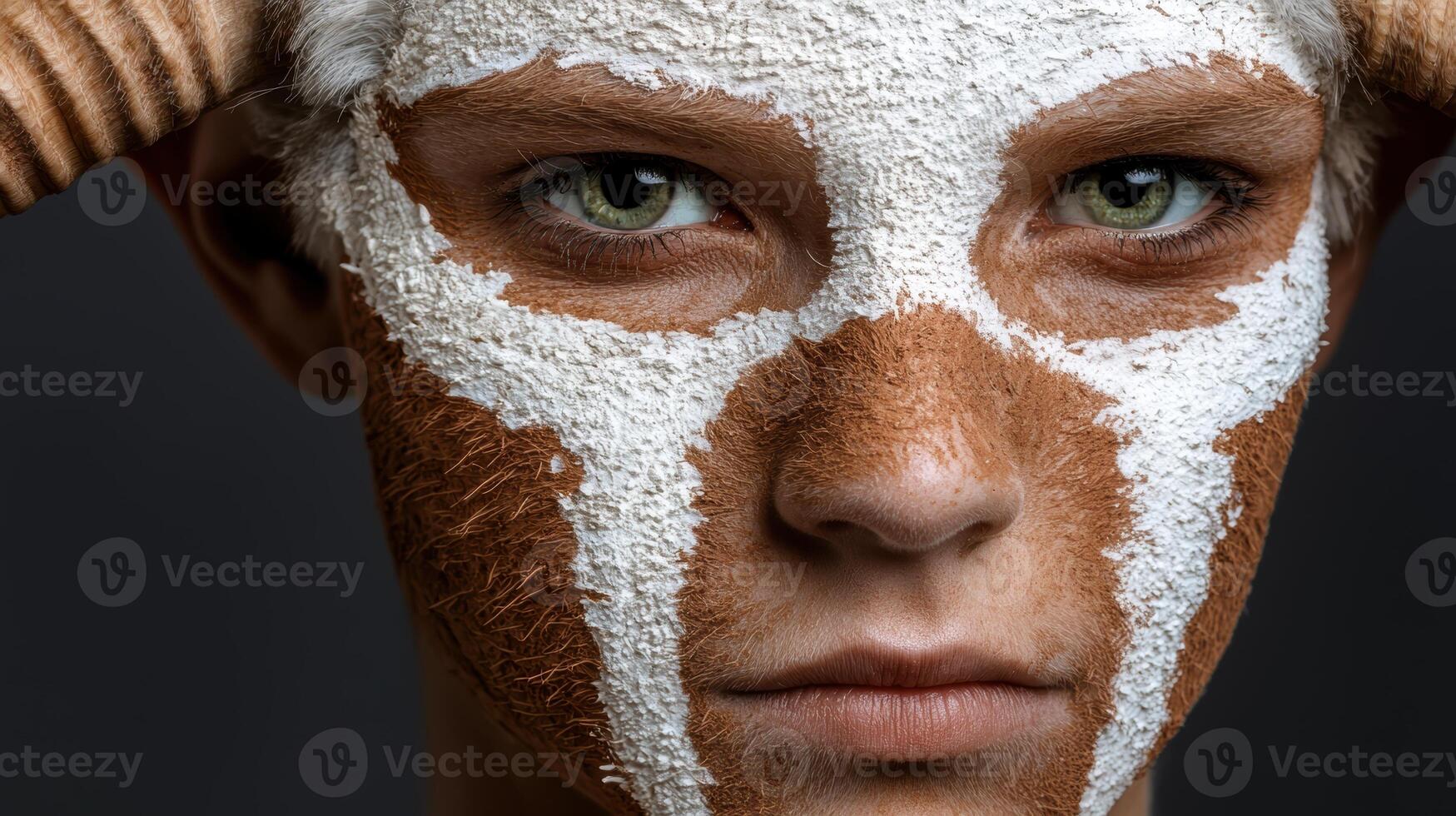 Close up portrait of a person with horns and face paint photo