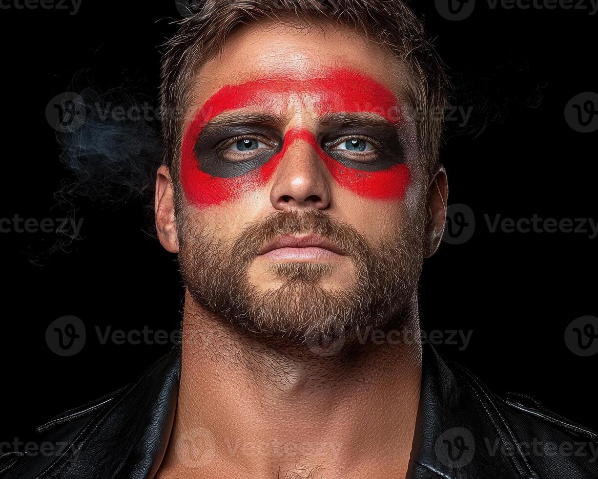 Close up portrait of a man with red and black face paint photo