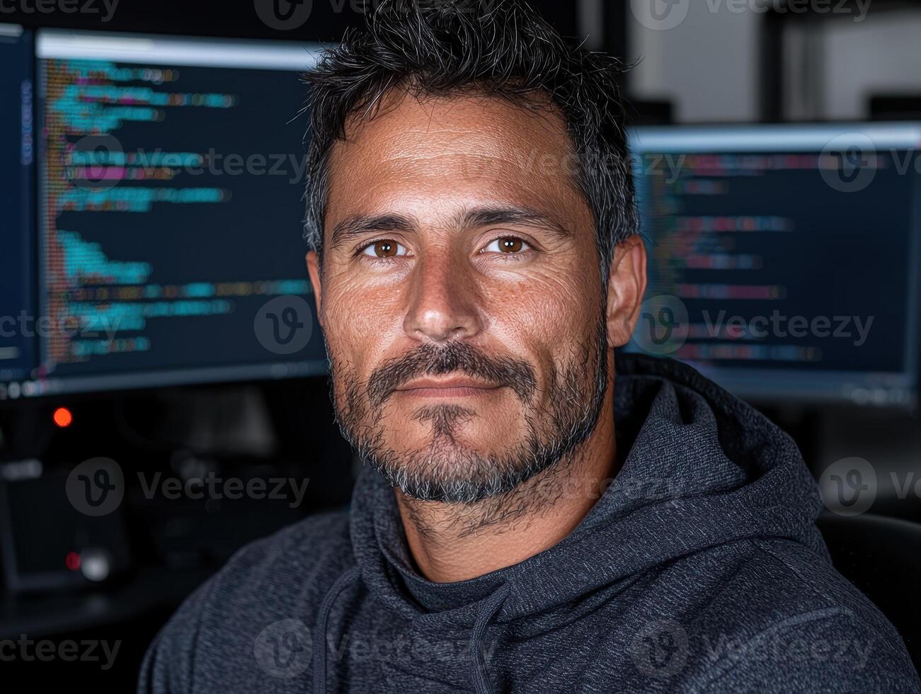 Portrait of a focused software developer working late at night photo