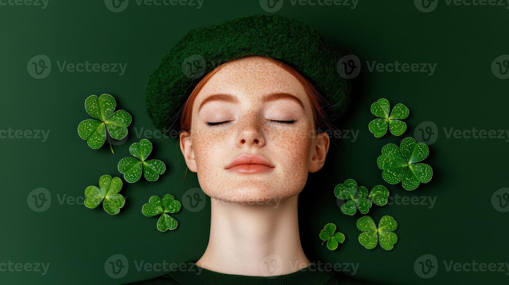 Woman with freckles and green hat surrounded by shamrocks photo