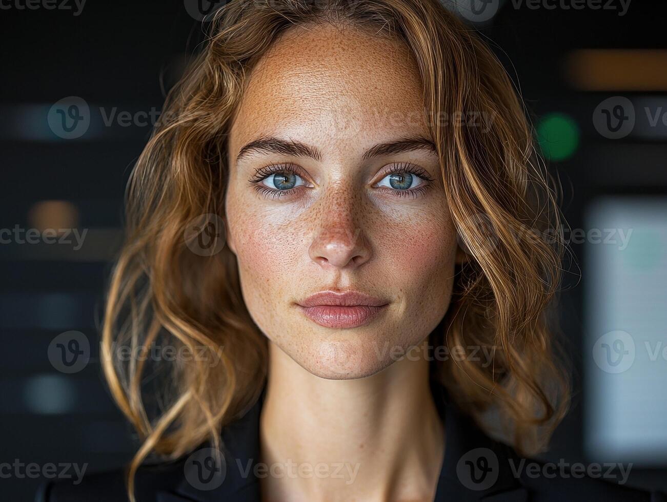 Portrait of a young businesswoman with freckles and blue eyes photo