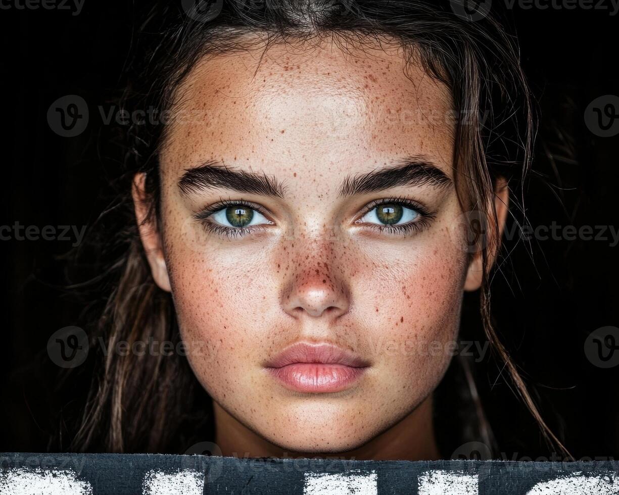 Close up portrait of a young woman with freckles and green eyes photo