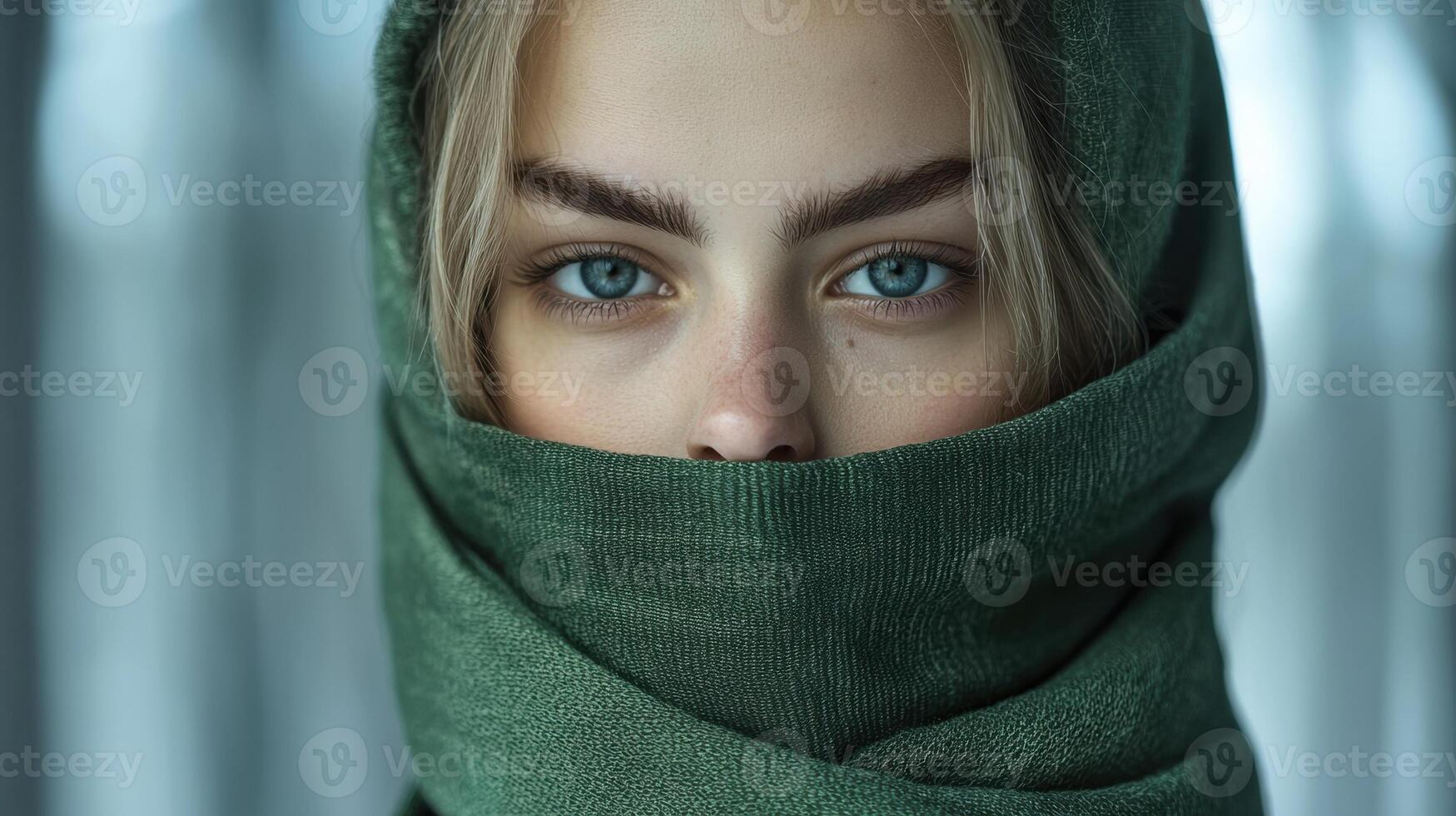 Close up portrait of a woman with blue eyes, partially covered by a green scarf photo