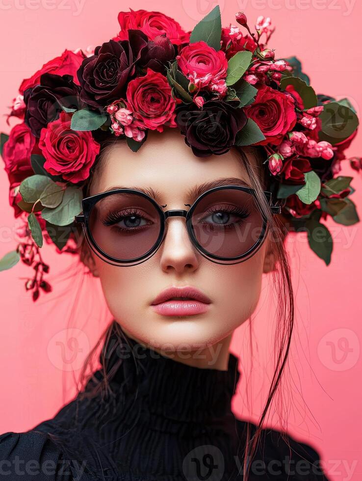 Woman wearing a flower crown and sunglasses photo