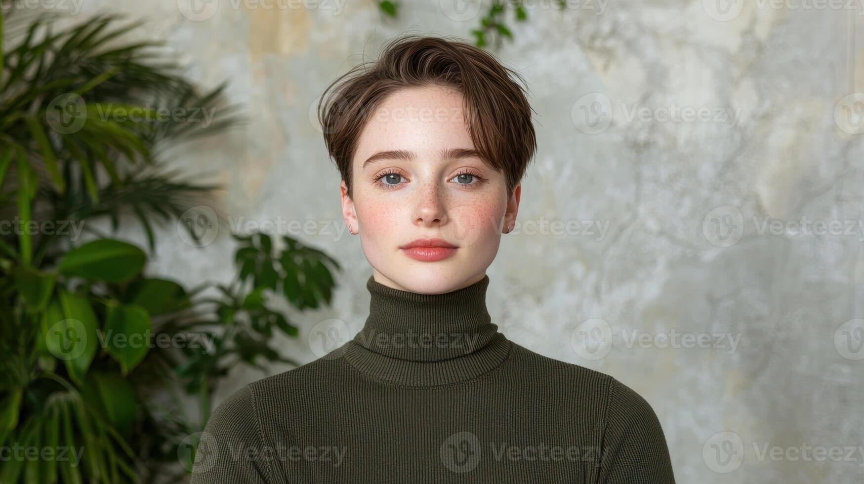 Portrait of a young woman with short hair and freckles, wearing a turtleneck sweater photo