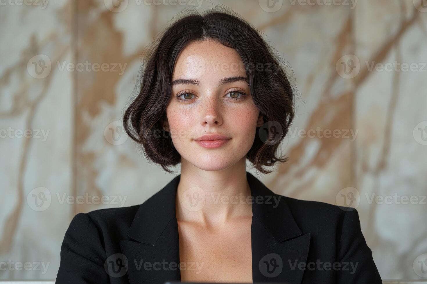 Portrait of a young woman with freckles, wearing a black blazer photo