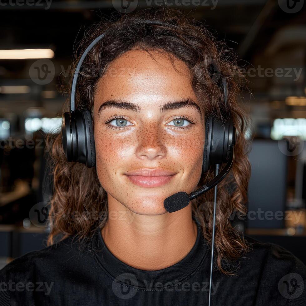 Portrait of a young woman wearing a headset in an office photo